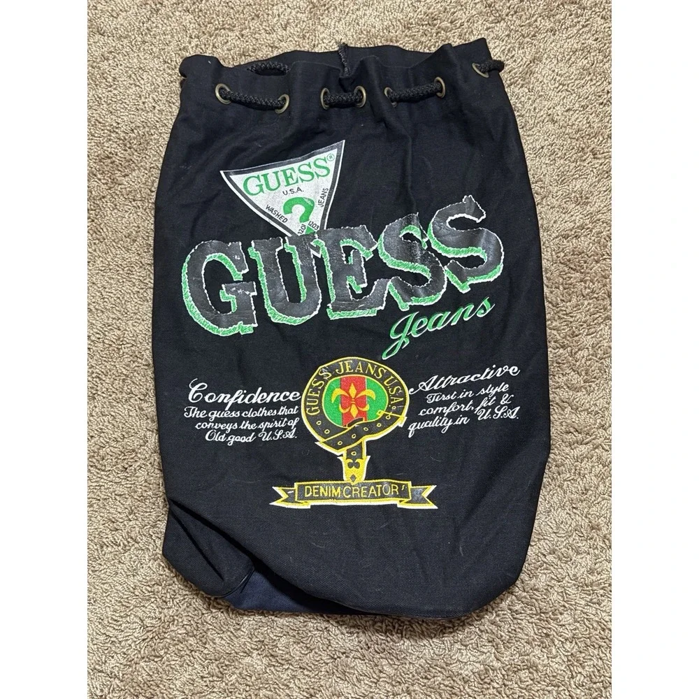 : VTG 90s Guess Jeans Canvas Drawstring Duffle Bucket Bag Black Green